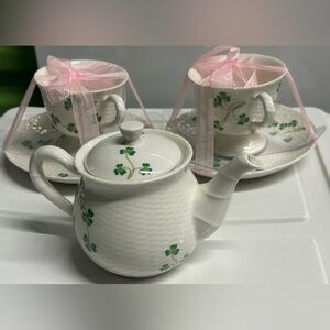 Nantucket Home Teapot Set 2 Teacups with Saucers Basket Weave Pattern Shamrocks